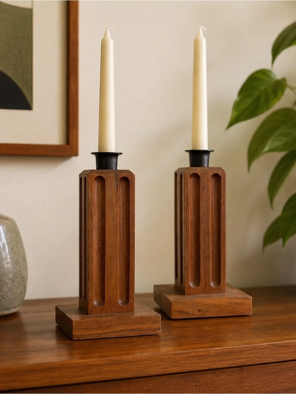 Vintage Mid Century Wood Candle Holders Pair Geometric Carved Taper Candlesticks